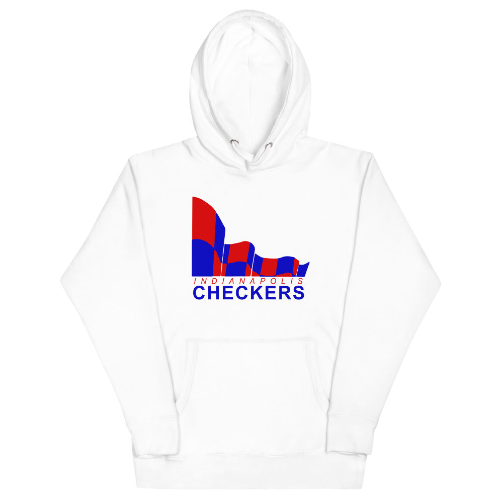 Indianapolis Checkers Hoodie (Premium) with the red and blue checkered blocks over lettering on the front, view 2