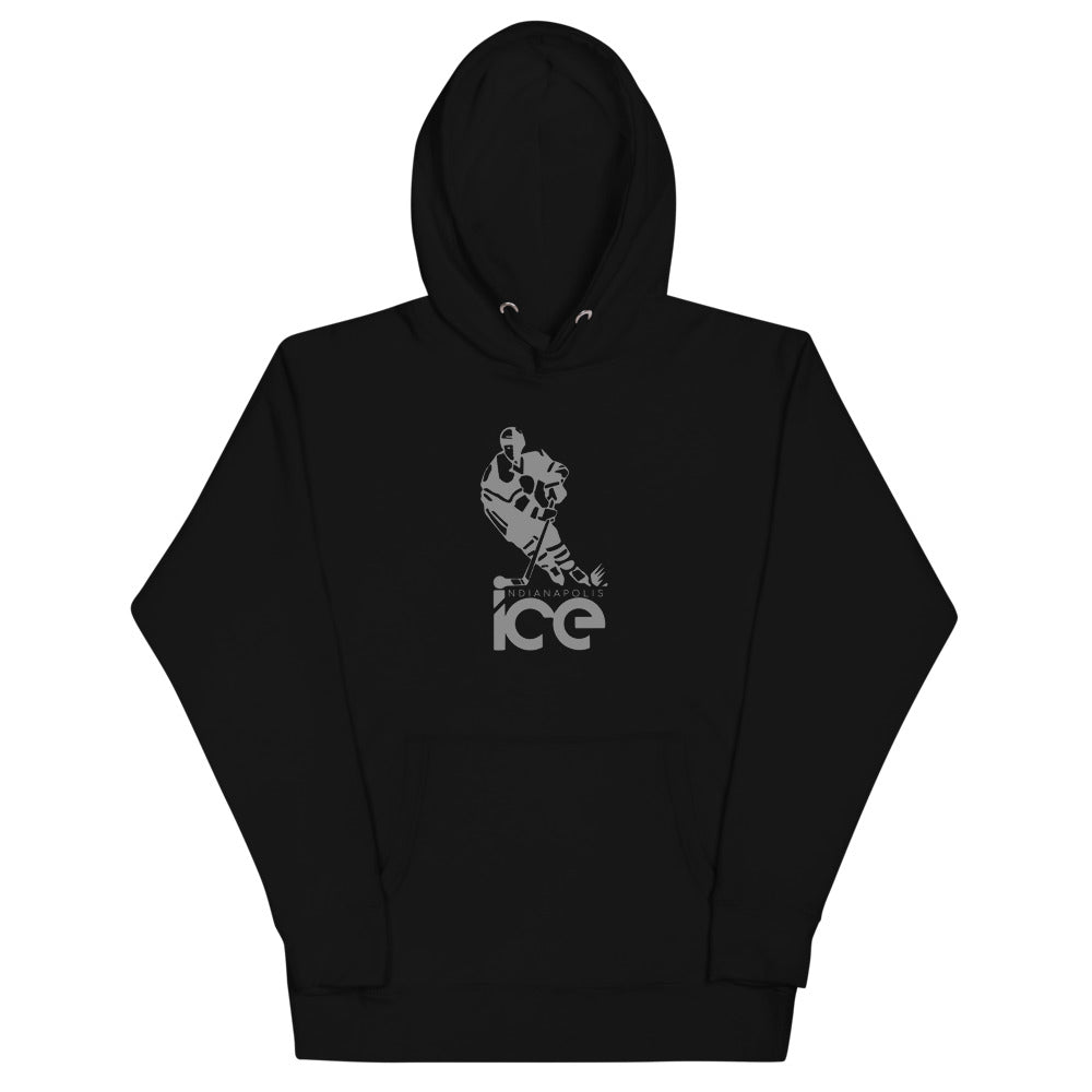 Indianapolis Ice Skater Hoodie (Premium) with the grey skater over a lowercase ice wordmark on the front