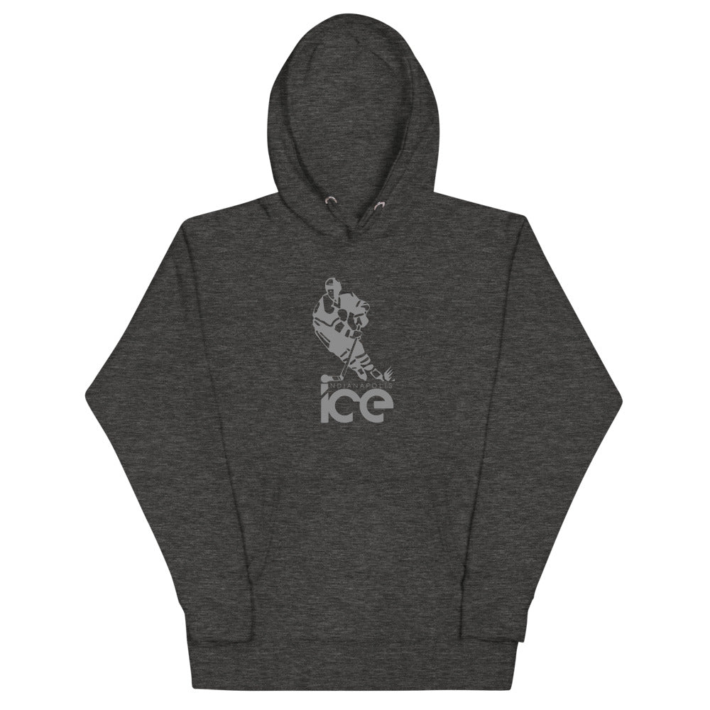 Indianapolis Ice Skater Hoodie (Premium) with the grey skater over a lowercase ice wordmark on the front, view 2
