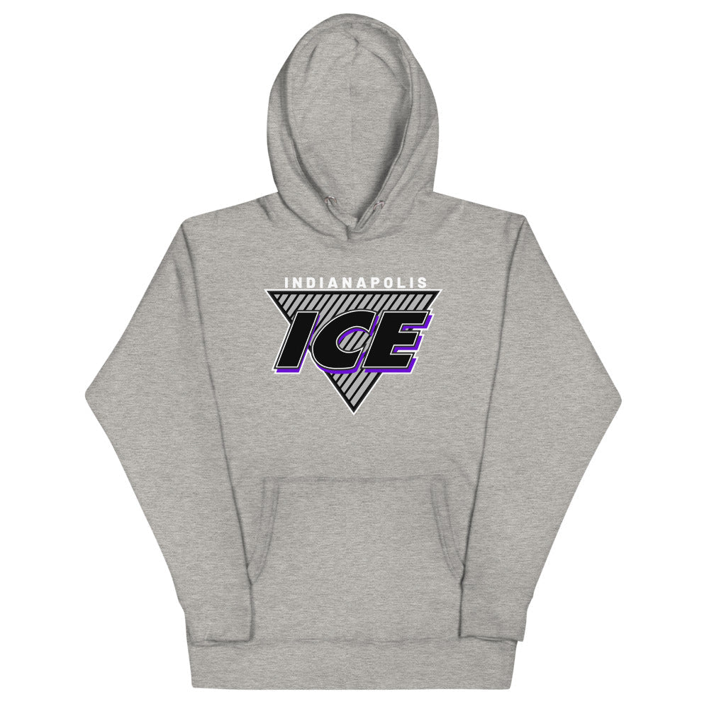 Indianapolis Ice Triangle Hoodie (Premium) with the triangle logo with purple and silver lettering on the front, view 3