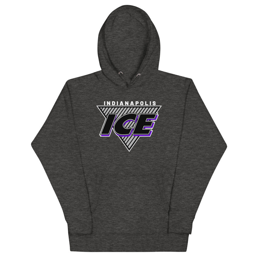 Indianapolis Ice Triangle Hoodie (Premium) with the triangle logo with purple and silver lettering on the front, view 2
