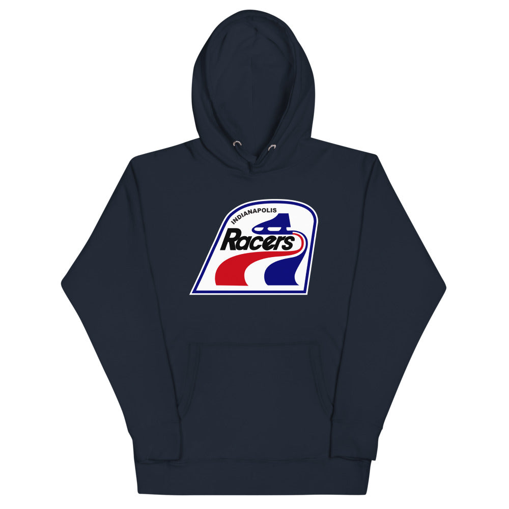 Indianapolis Racers Hoodie (Premium) with the red, white and blue racing stripe shield on the front, view 2