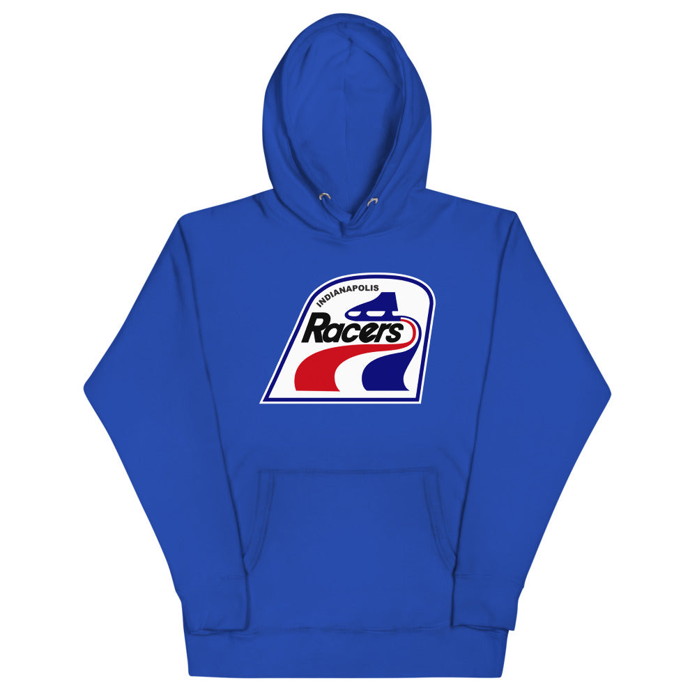 Indianapolis Racers Hoodie (Premium) with the red, white and blue racing stripe shield on the front