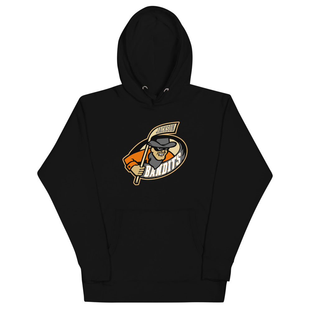 Jackson Bandits Hoodie (Premium) with the masked bandit mascot over an orange oval on the front