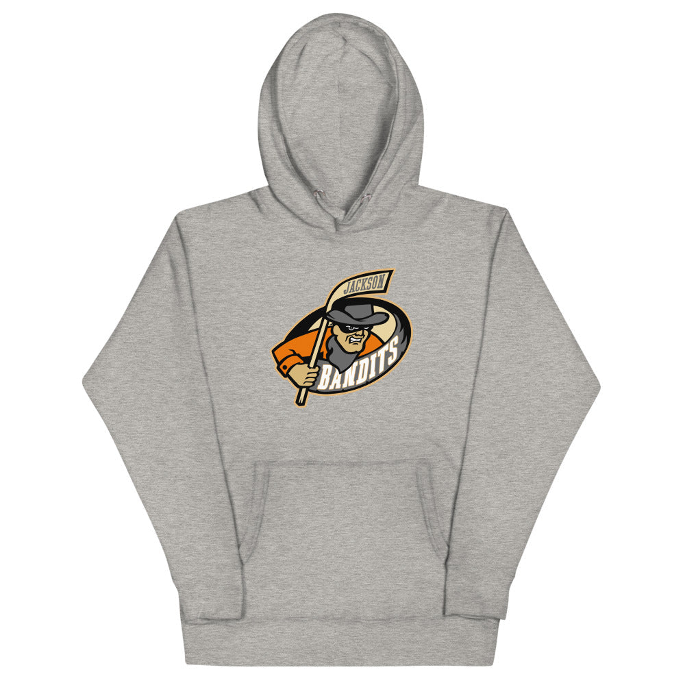 Jackson Bandits Hoodie (Premium) with the masked bandit mascot over an orange oval on the front, view 3