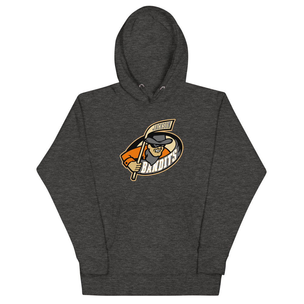 Jackson Bandits Hoodie (Premium) with the masked bandit mascot over an orange oval on the front, view 2