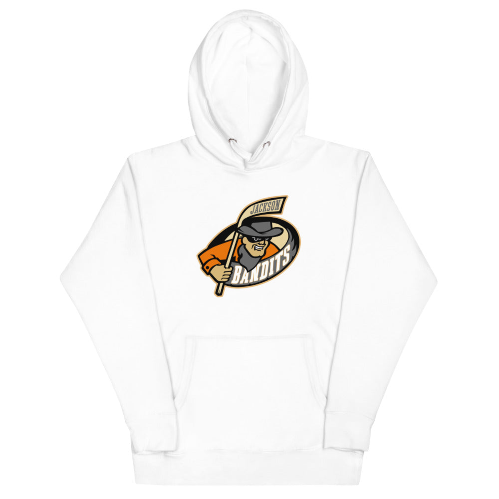 Jackson Bandits Hoodie (Premium) with the masked bandit mascot over an orange oval on the front, view 4