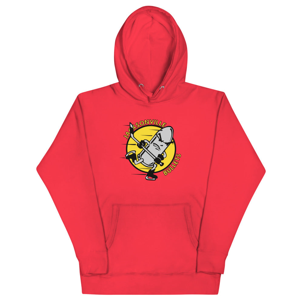 Jacksonville Bullets Hoodie (Premium) with the round yellow logo with a bullet skater on the front, view 4