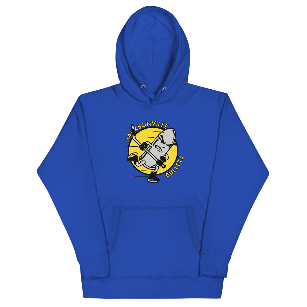 Jacksonville Bullets Hoodie (Premium) with the round yellow logo with a bullet skater on the front, view 2