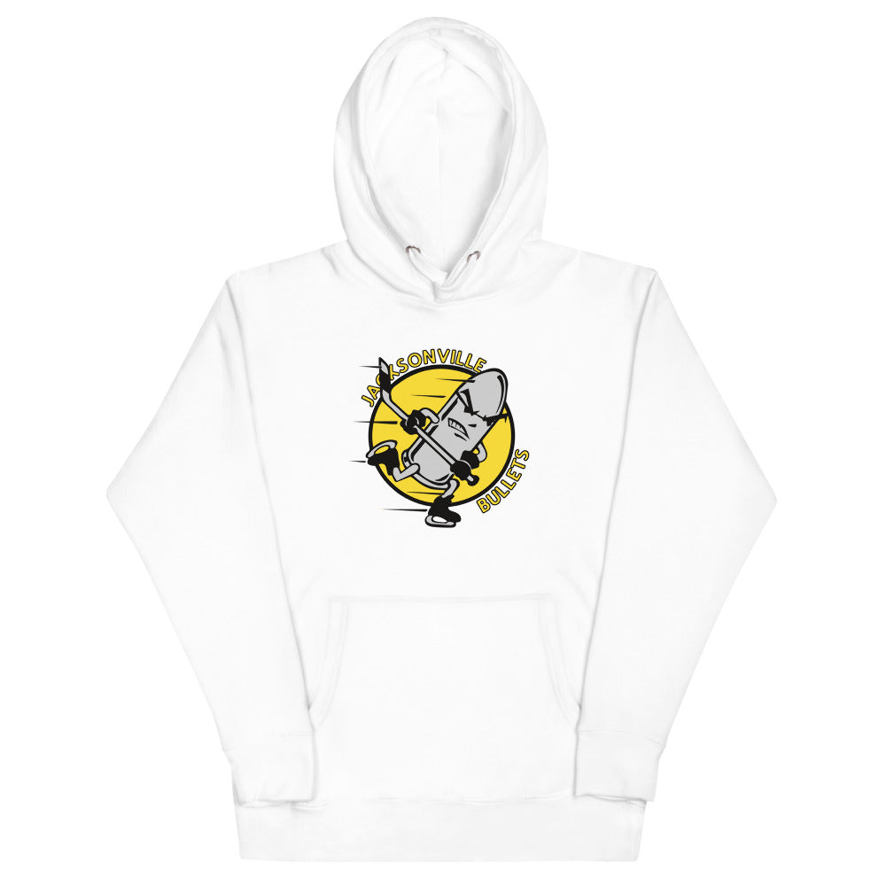 Jacksonville Bullets Hoodie (Premium) with the round yellow logo with a bullet skater on the front, view 3