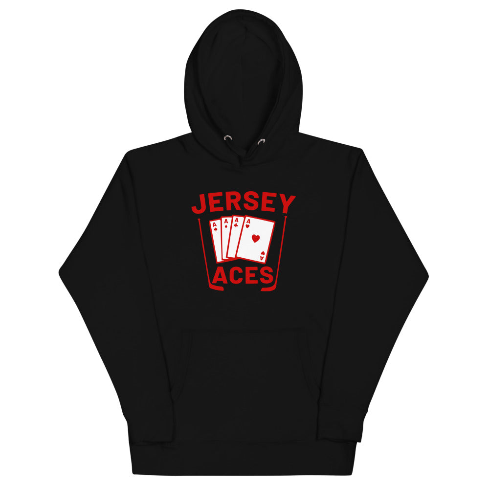 Jersey Aces Hoodie (Premium) with the fan of aces playing cards with red lettering on the front, view 5