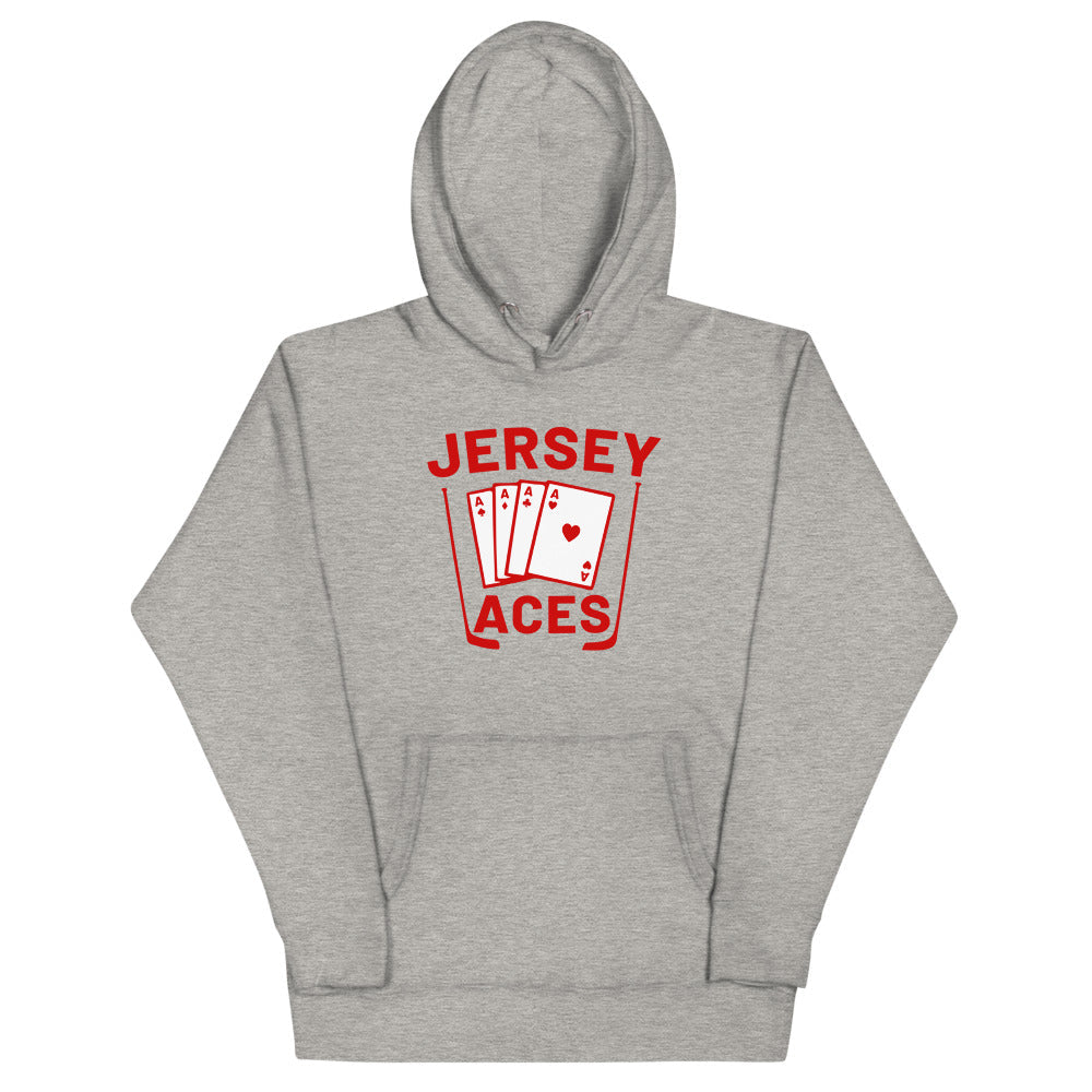 Jersey Aces Hoodie (Premium) with the fan of aces playing cards with red lettering on the front, view 2