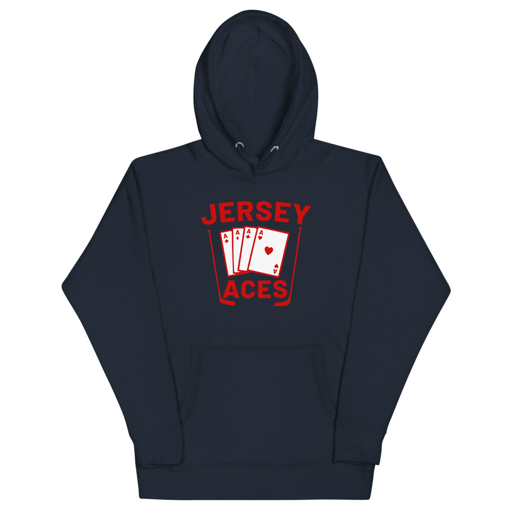 Jersey Aces Hoodie (Premium) with the fan of aces playing cards with red lettering on the front