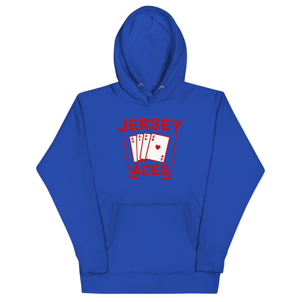 Jersey Aces Hoodie (Premium) with the fan of aces playing cards with red lettering on the front, view 3