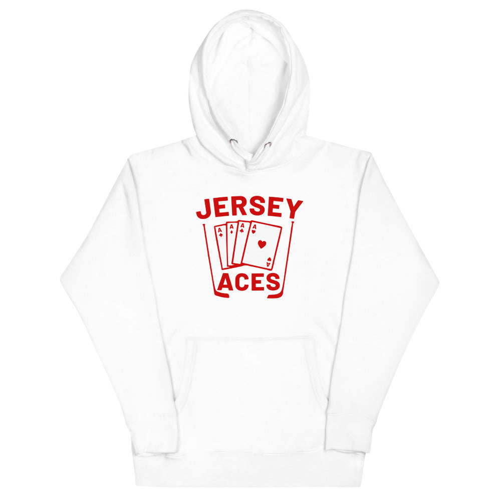 Jersey Aces Hoodie (Premium) with the fan of aces playing cards with red lettering on the front, view 4