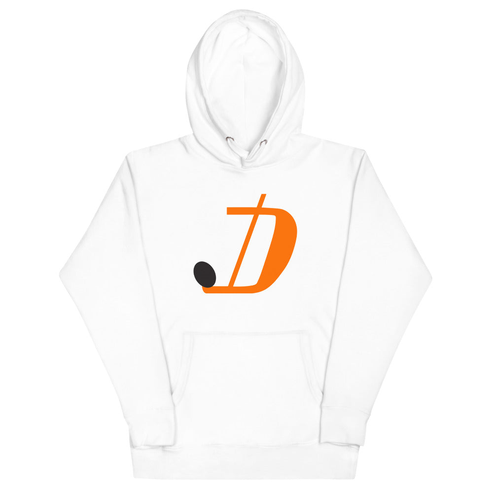 Jersey Hockey Club Hoodie (Premium) with the orange stick-shaped D with a black puck on the front, view 2