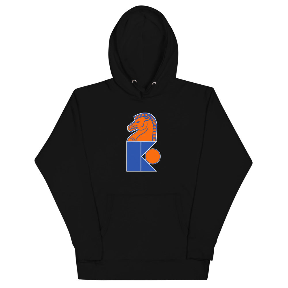 Jersey Knights Hoodie (Premium) with the orange knight chess piece over a blue K on the front, view 5