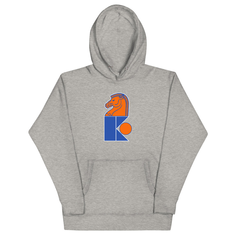 Jersey Knights Hoodie (Premium) with the orange knight chess piece over a blue K on the front, view 2