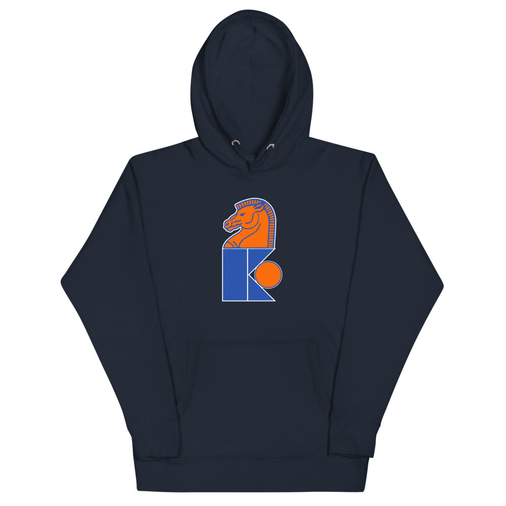 Jersey Knights Hoodie (Premium) with the orange knight chess piece over a blue K on the front