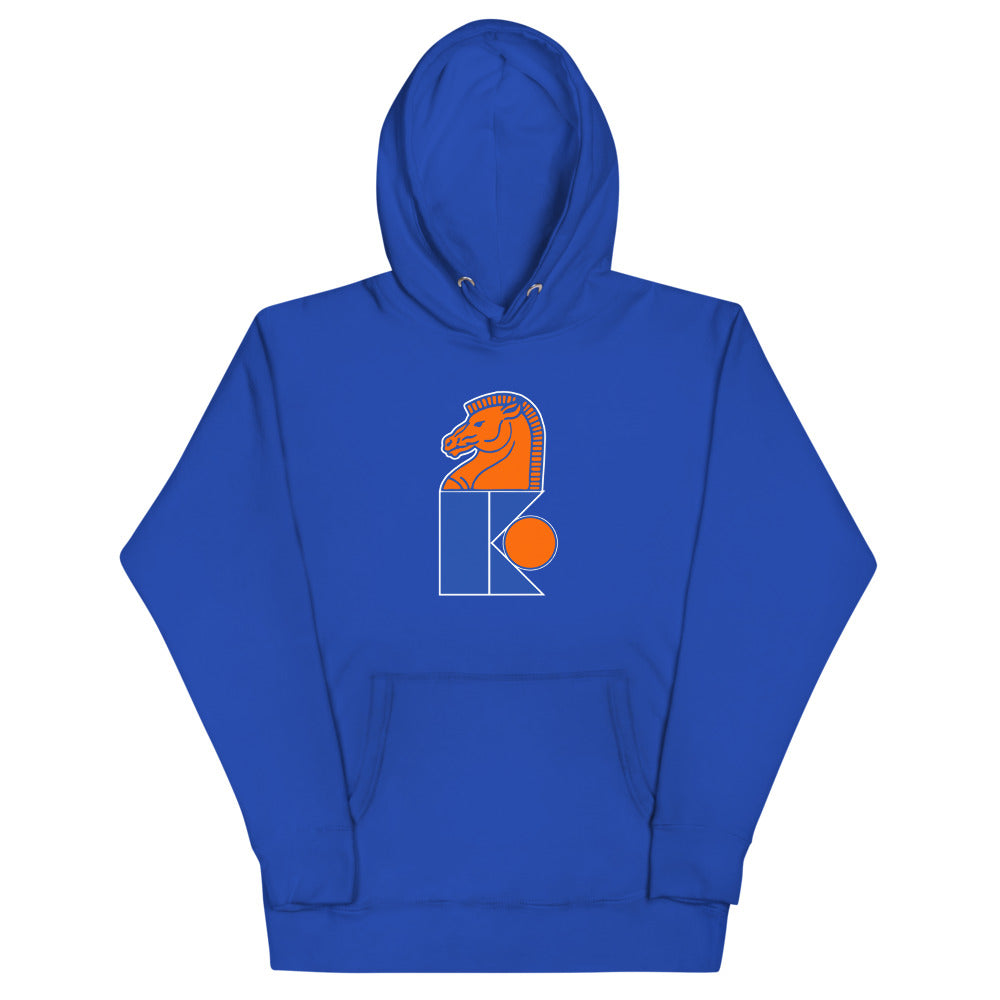 Jersey Knights Hoodie (Premium) with the orange knight chess piece over a blue K on the front, view 3