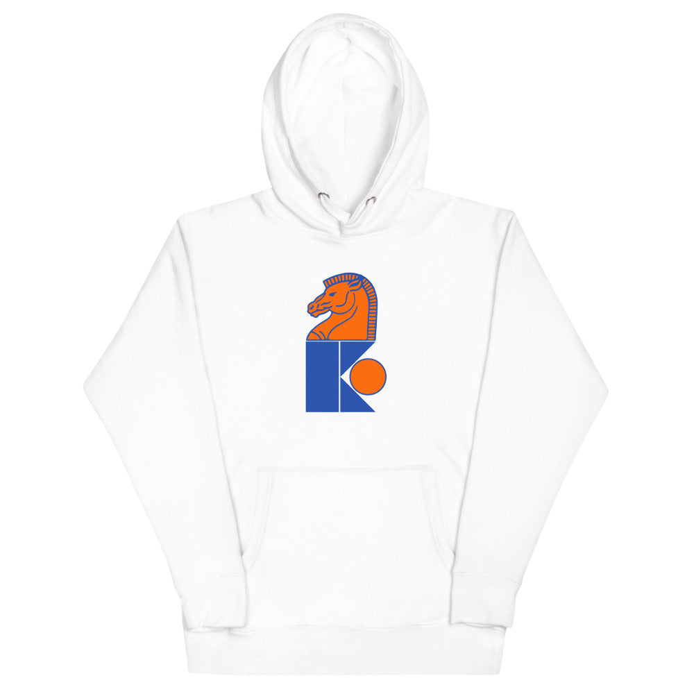Jersey Knights Hoodie (Premium) with the orange knight chess piece over a blue K on the front, view 4