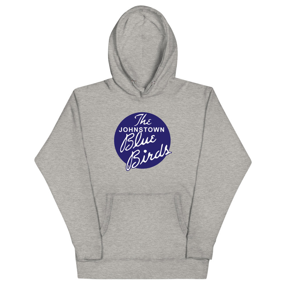 Johnstown Blue Birds Hoodie (Premium) with the navy circle with white script lettering on the front, view 2