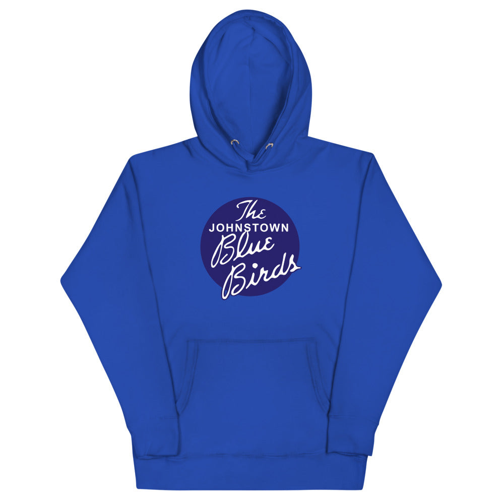 Johnstown Blue Birds Hoodie (Premium) with the navy circle with white script lettering on the front, view 3