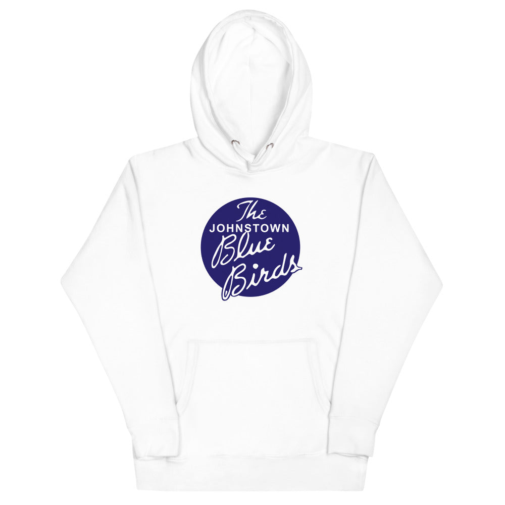 Johnstown Blue Birds Hoodie (Premium) with the navy circle with white script lettering on the front