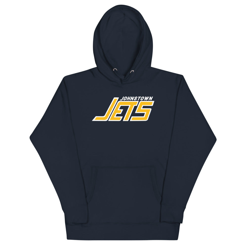 Johnstown Jets 1970s Hoodie (Premium) with the gold and white italic wordmark on the front, view 2