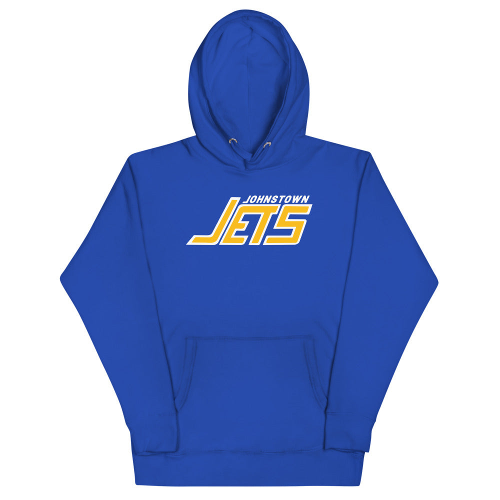 Johnstown Jets 1970s Hoodie (Premium) with the gold and white italic wordmark on the front
