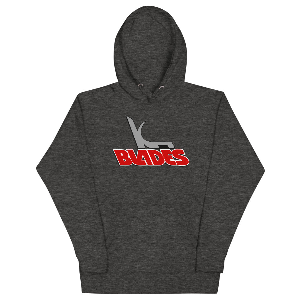 Kansas City Blades Hoodie (Premium) with the grey skate over red BLADES lettering on the front, view 2