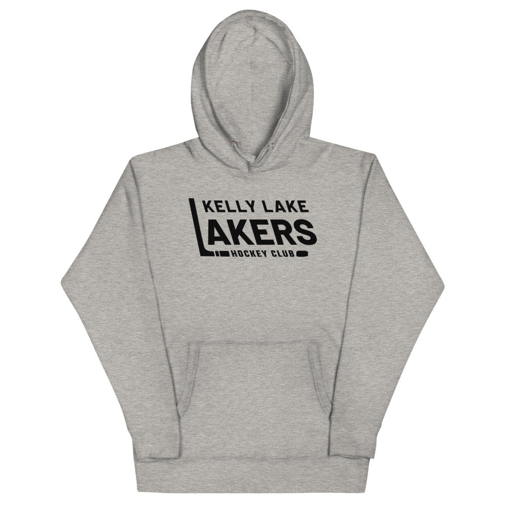 Kelly Lake Lakers Hoodie (Premium) with the black block wordmark with a hockey stick L on the front