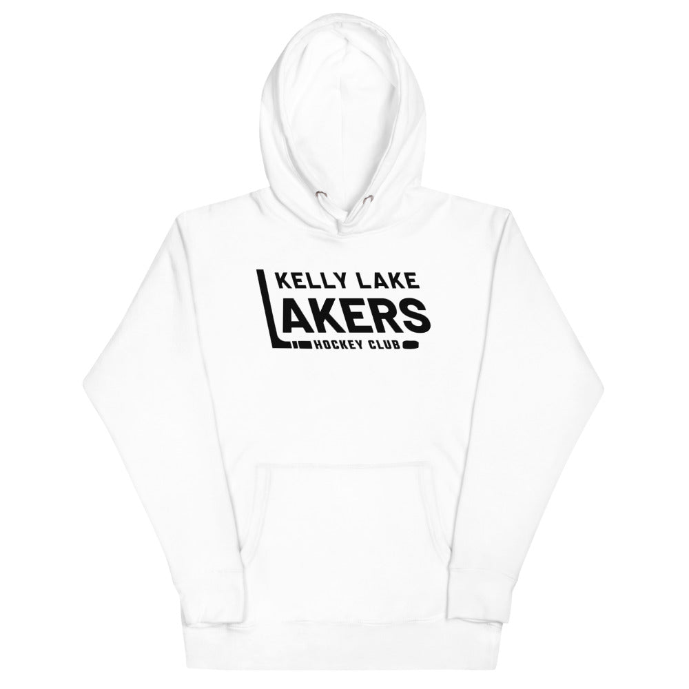 Kelly Lake Lakers Hoodie (Premium) with the black block wordmark with a hockey stick L on the front, view 2
