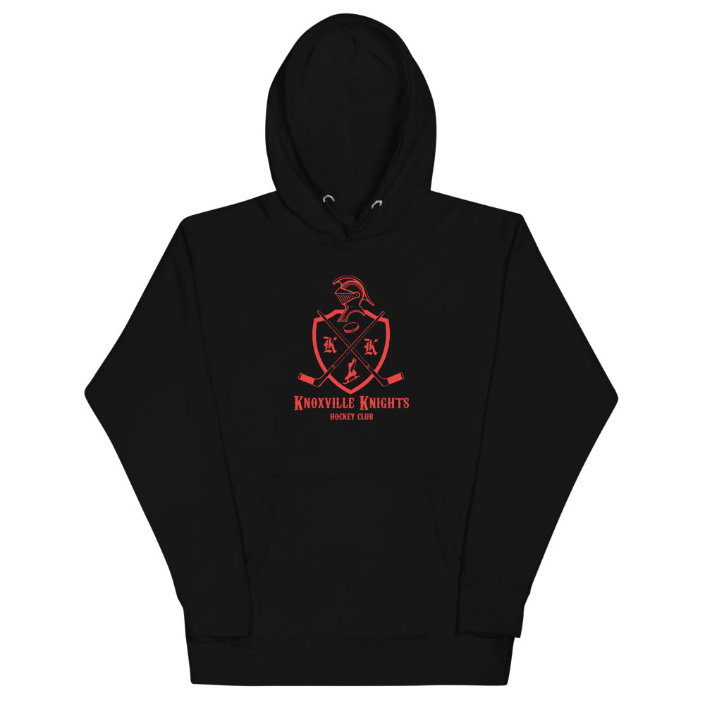 Knoxville Knights Coat of Arms Premium Hoodie with the red knight helmet crest with crossed sticks on the front, view 6