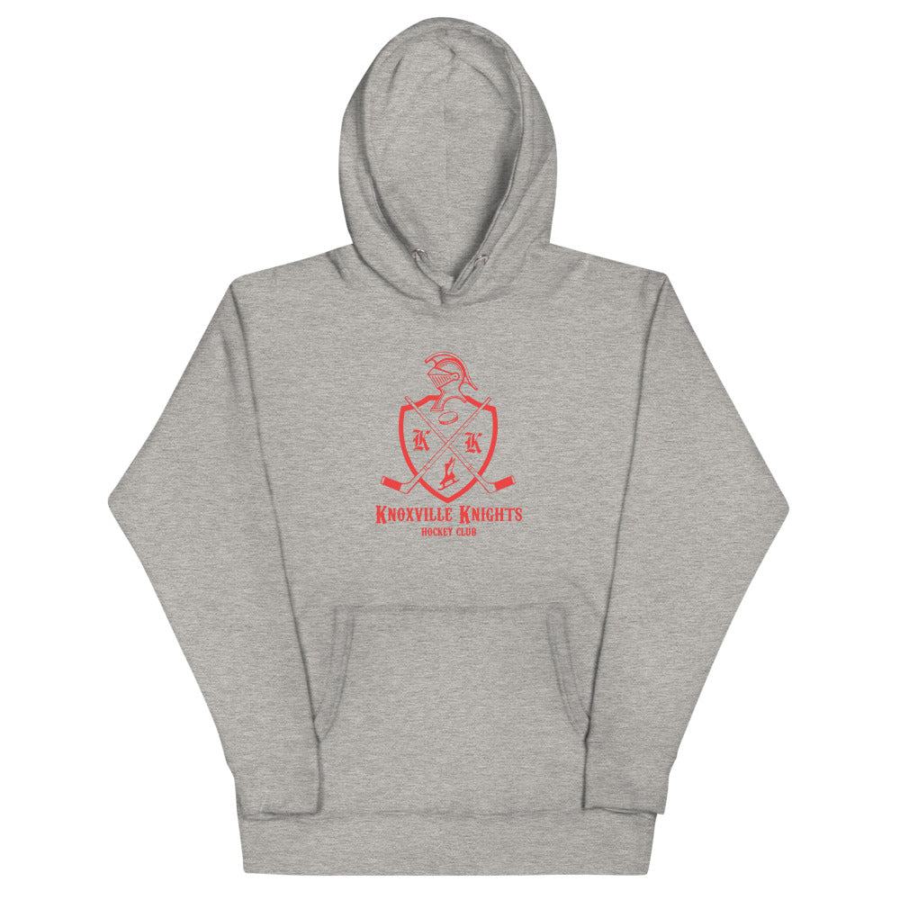Knoxville Knights Coat of Arms Premium Hoodie with the red knight helmet crest with crossed sticks on the front, view 3
