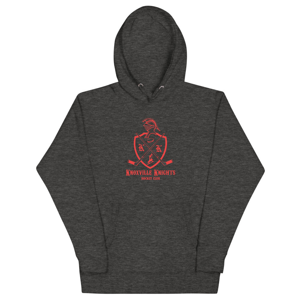 Knoxville Knights Coat of Arms Premium Hoodie with the red knight helmet crest with crossed sticks on the front, view 2