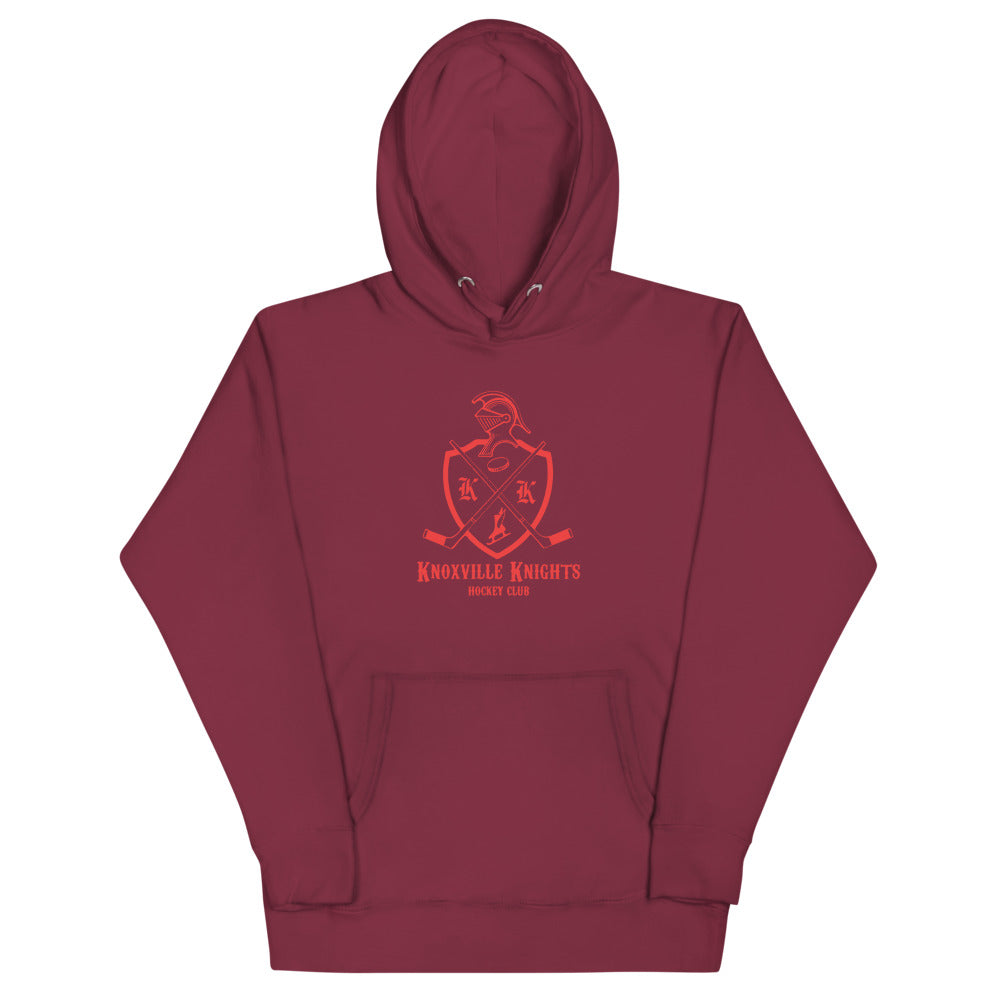 Knoxville Knights Coat of Arms Premium Hoodie with the red knight helmet crest with crossed sticks on the front, view 5