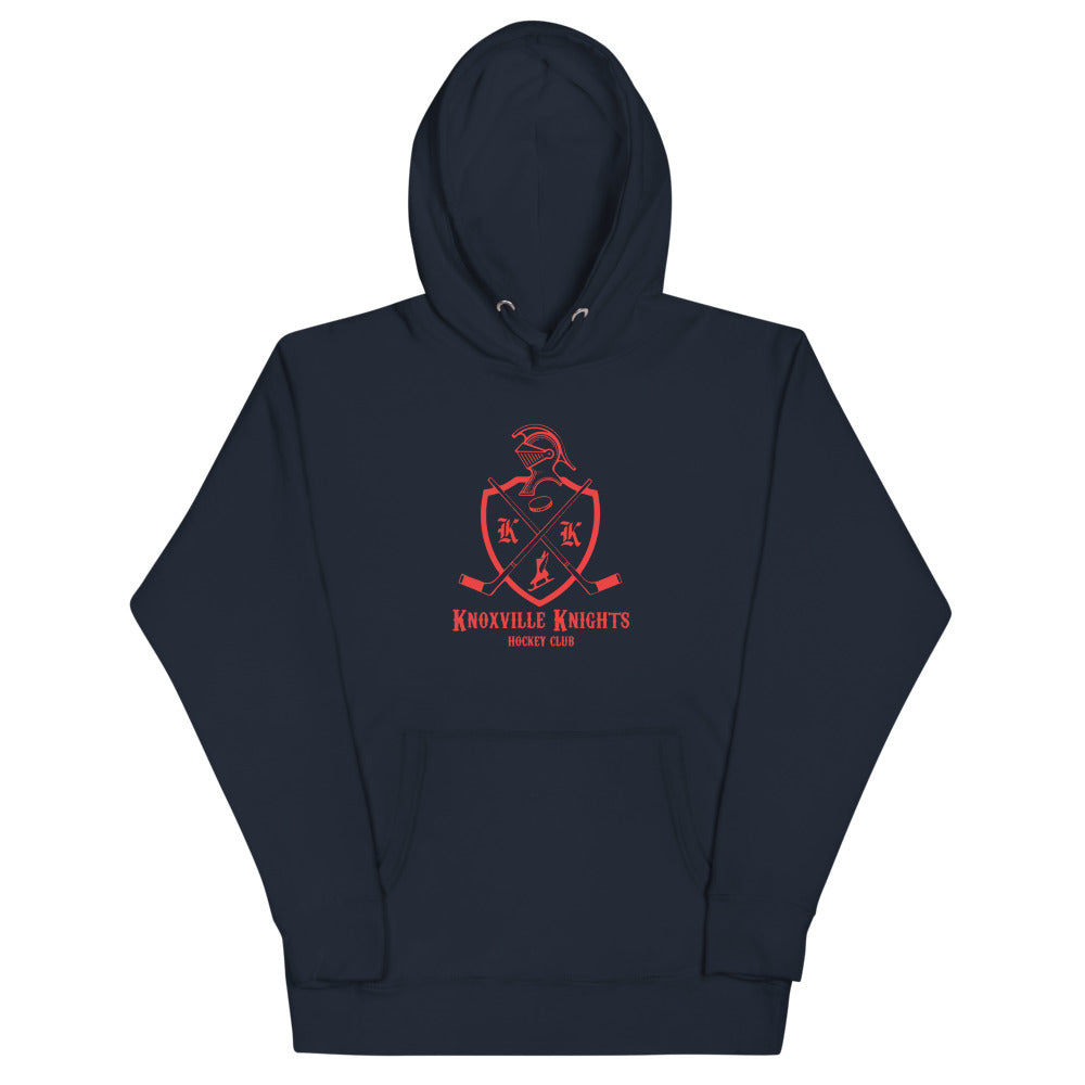 Knoxville Knights Coat of Arms Premium Hoodie with the red knight helmet crest with crossed sticks on the front, view 7