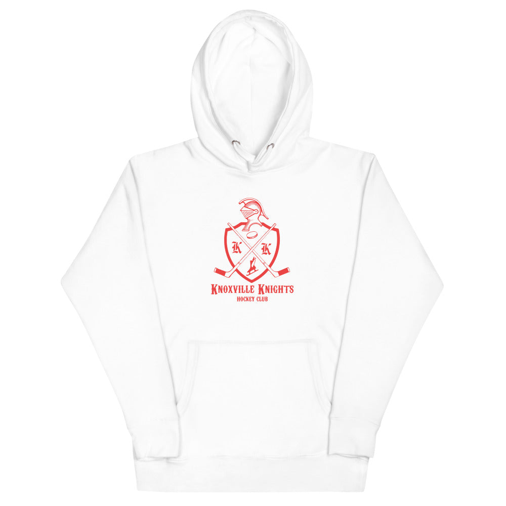 Knoxville Knights Coat of Arms Premium Hoodie with the red knight helmet crest with crossed sticks on the front