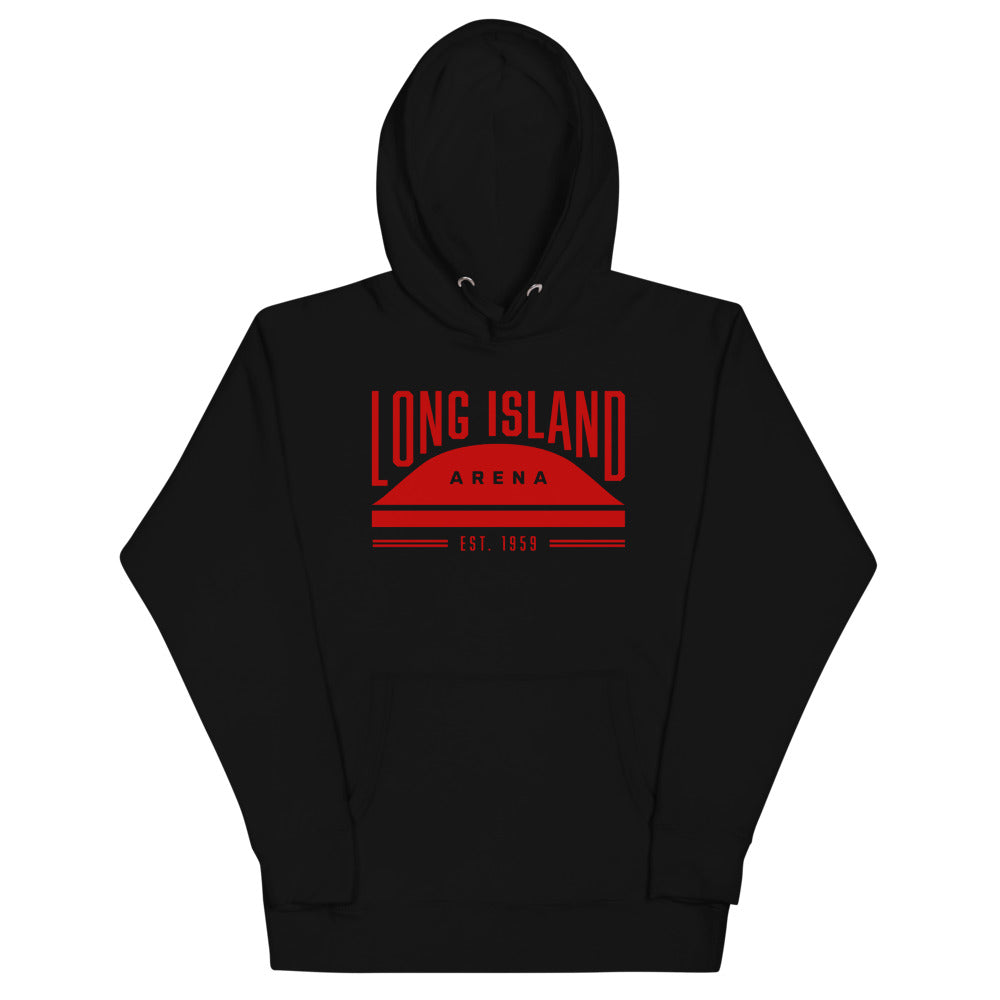 Long Island Arena Hoodie (Premium) with the red arched lettering over an arena dome on the front