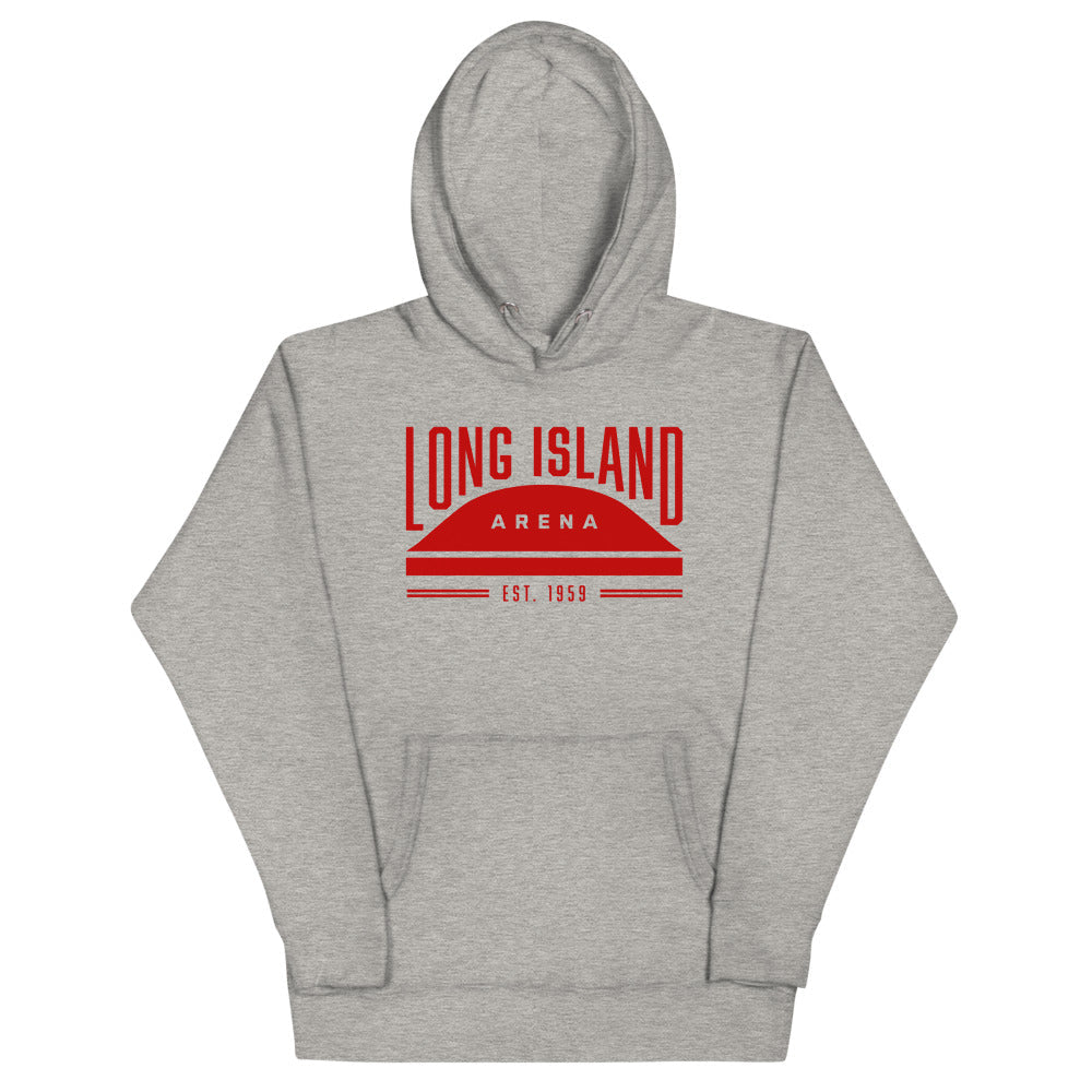Long Island Arena Hoodie (Premium) with the red arched lettering over an arena dome on the front, view 3