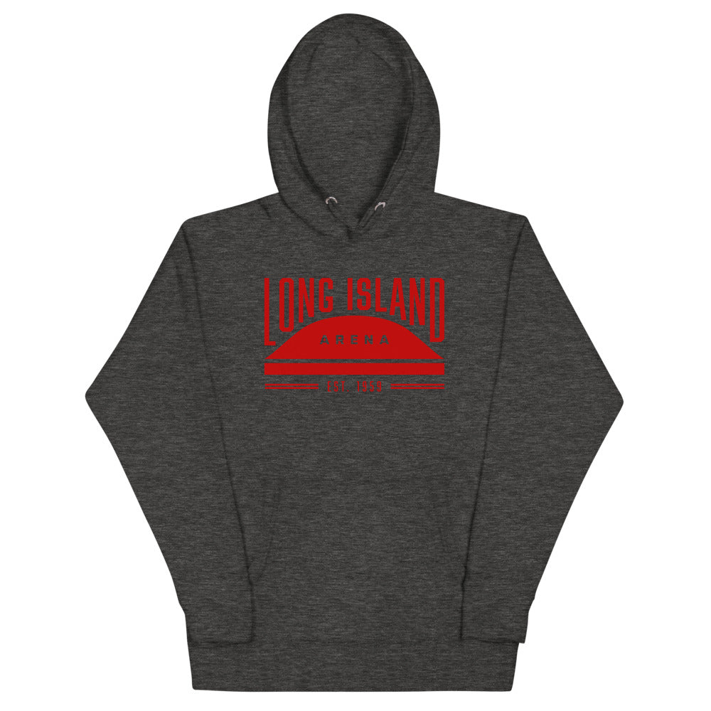 Long Island Arena Hoodie (Premium) with the red arched lettering over an arena dome on the front, view 2