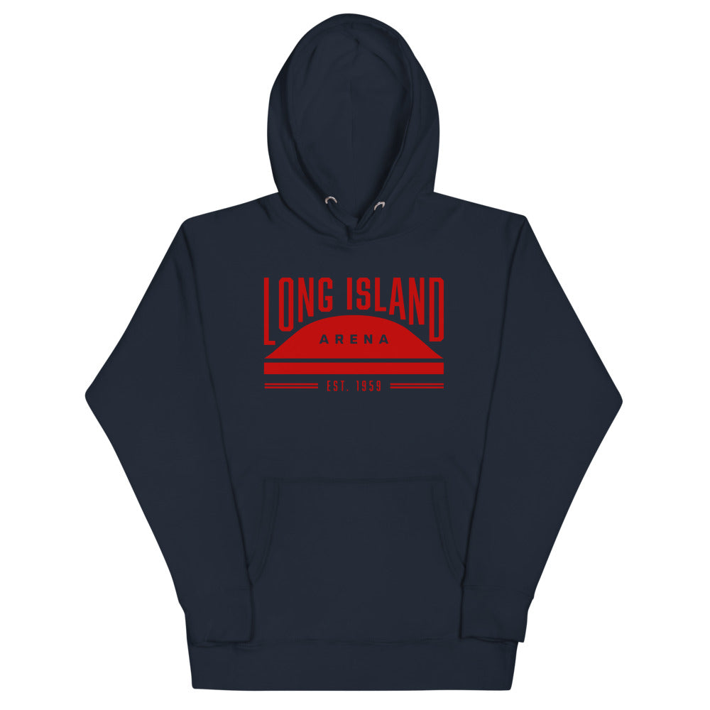 Long Island Arena Hoodie (Premium) with the red arched lettering over an arena dome on the front, view 6