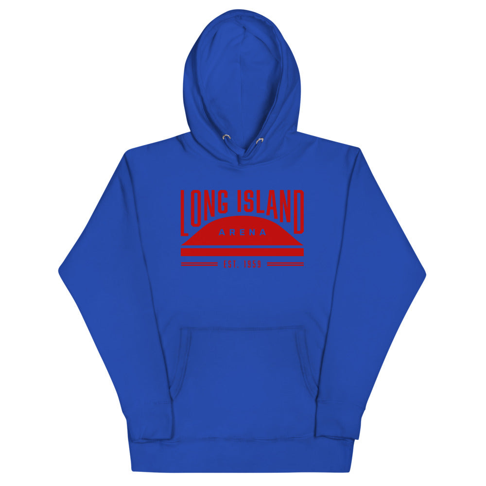 Long Island Arena Hoodie (Premium) with the red arched lettering over an arena dome on the front, view 4