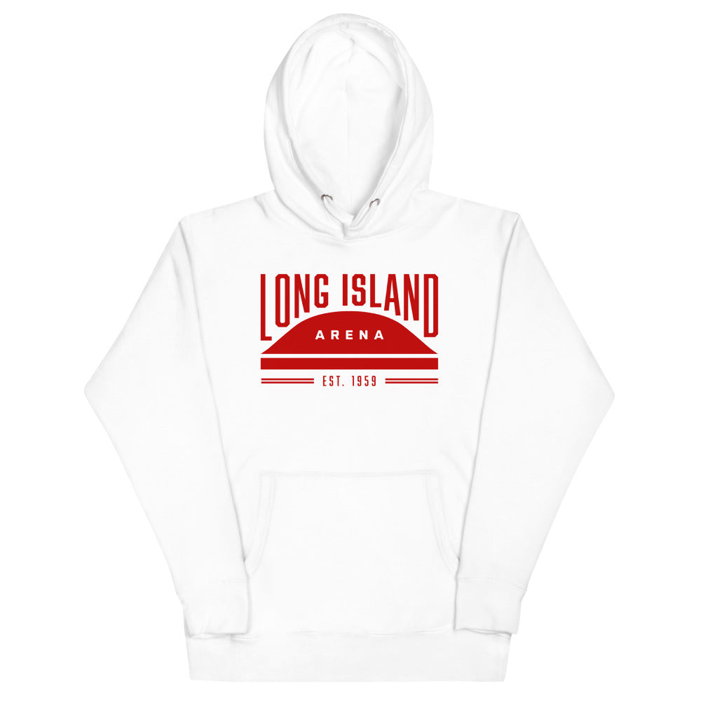 Long Island Arena Hoodie (Premium) with the red arched lettering over an arena dome on the front, view 5