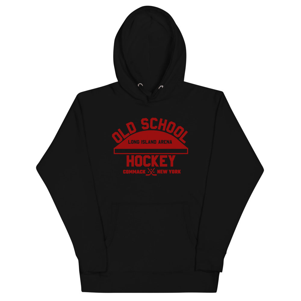 Long Island Arena Old School Hockey Hoodie (Premium) with the red old school lettering with an arena roof on the front