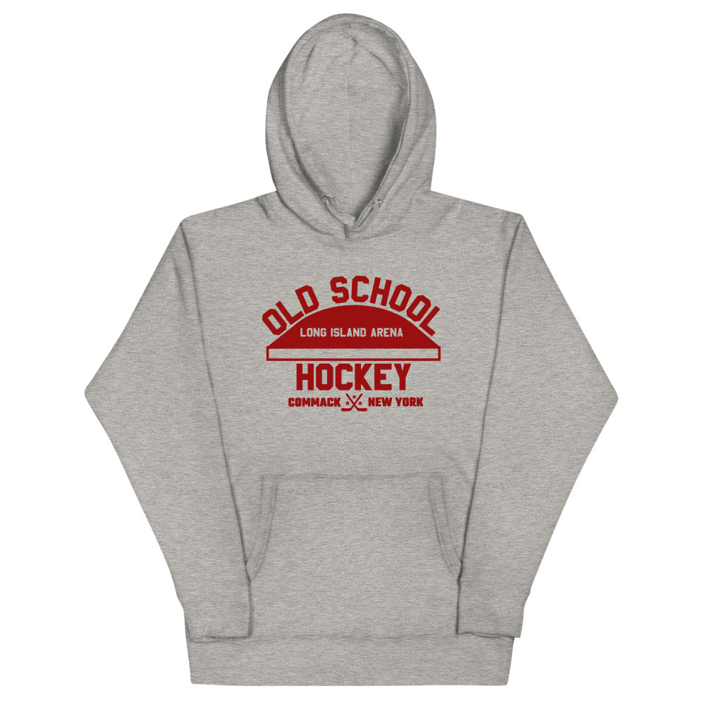 Long Island Arena Old School Hockey Hoodie (Premium) with the red old school lettering with an arena roof on the front, view 3