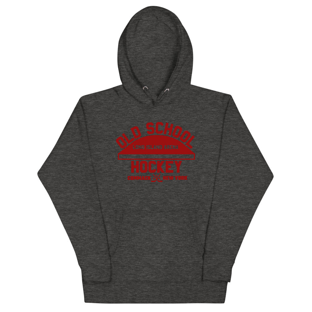 Long Island Arena Old School Hockey Hoodie (Premium) with the red old school lettering with an arena roof on the front, view 2