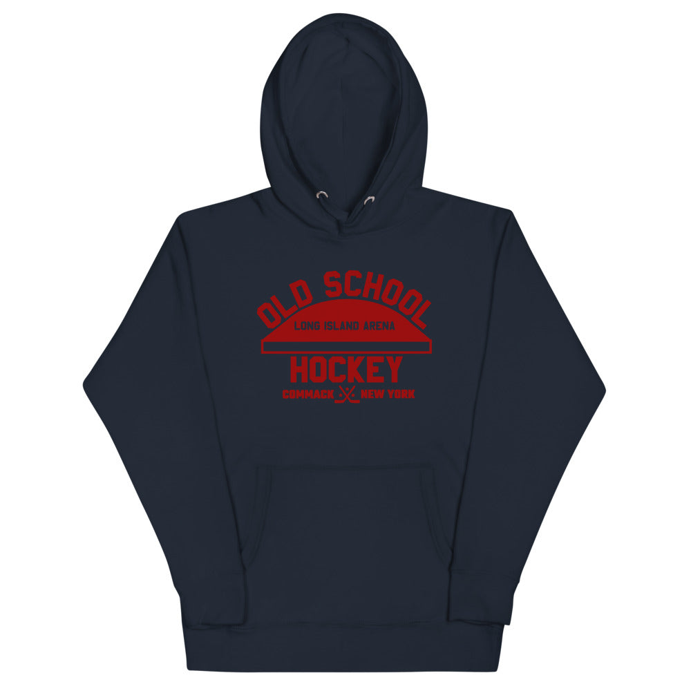 Long Island Arena Old School Hockey Hoodie (Premium) with the red old school lettering with an arena roof on the front, view 5