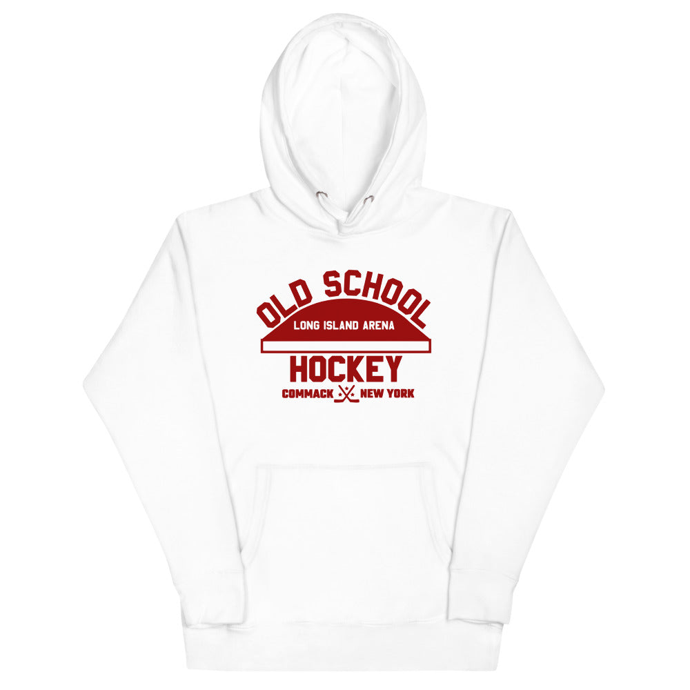 Long Island Arena Old School Hockey Hoodie (Premium) with the red old school lettering with an arena roof on the front, view 4